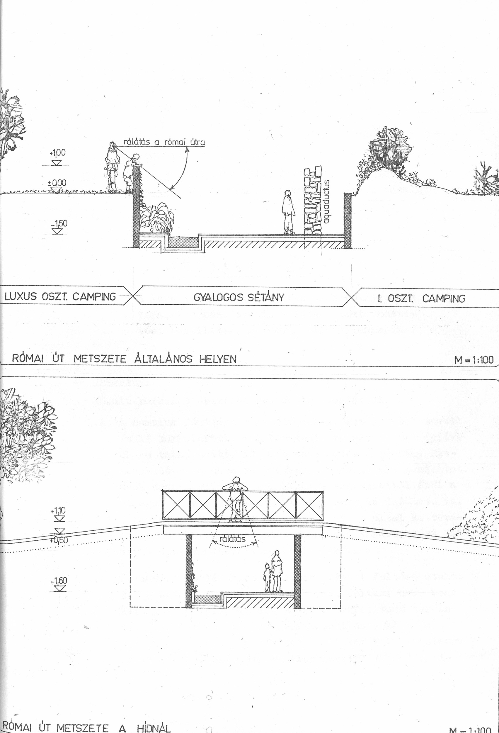 Tervezett sétány metszete az egykori aquaeductus vonalán. Dokumentációs Központ/Tervtár/KERTI gyűjtemény