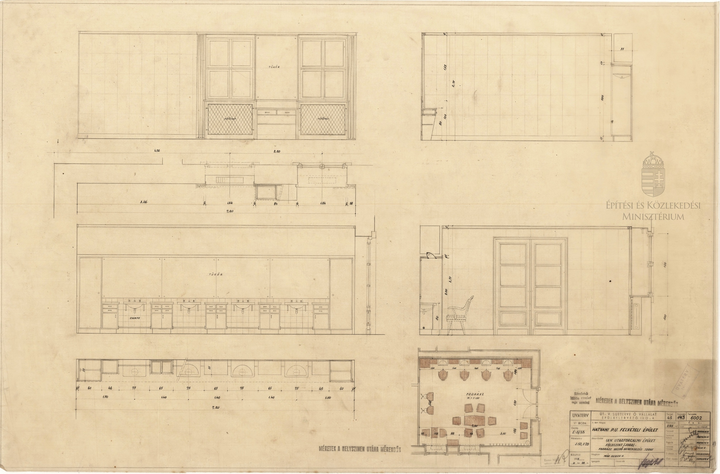A hatvani pályaudvar utasforgalmi épületének földszintjén kialakított kozmetikai szalon belső berendezése, 1955. UVATERV. 143_I-II-IV. – Dokumentációs Központ/Tervtár/UVATERV gyűjtemény