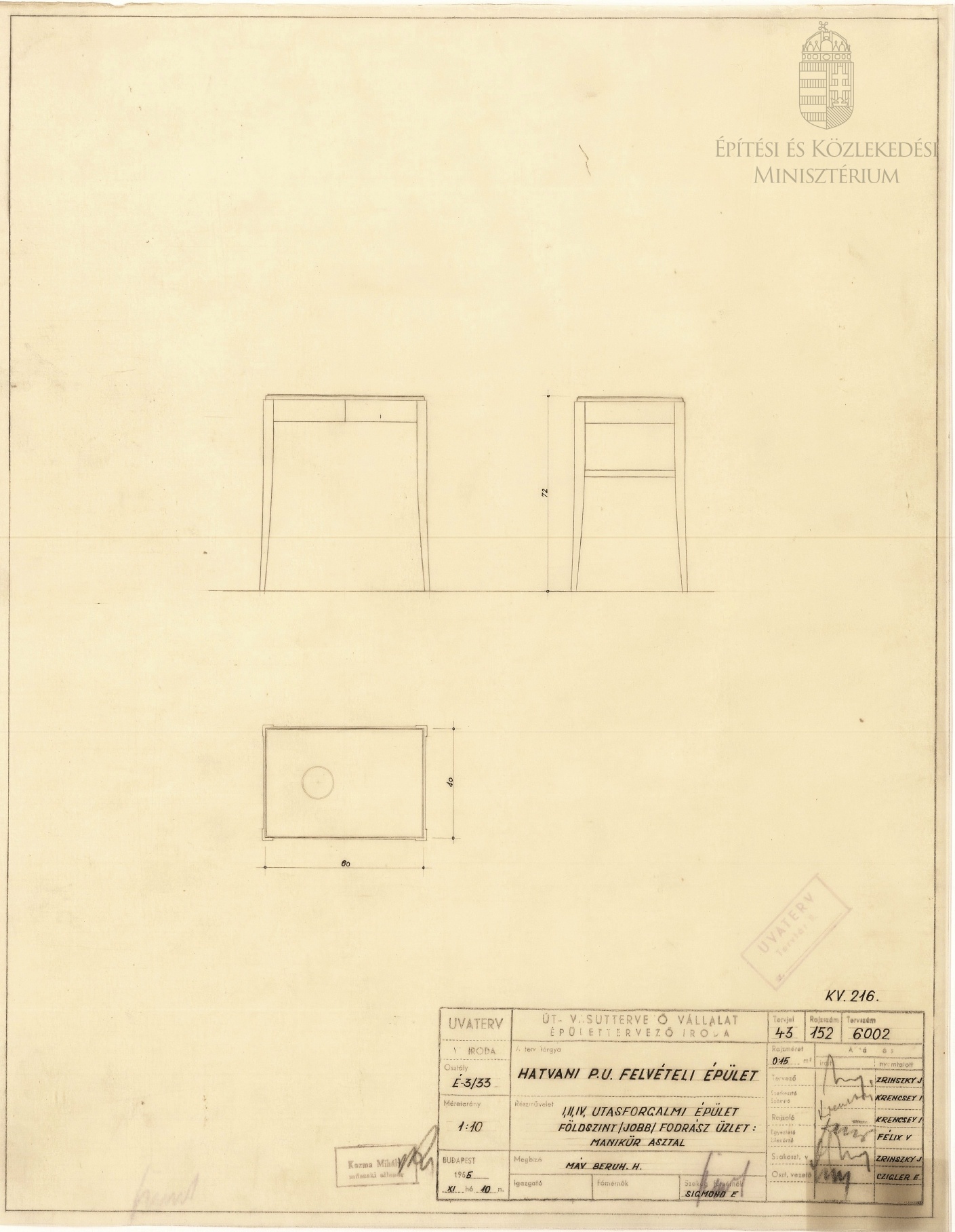 A hatvani pályaudvar utasforgalmi épületének földszintjén kialakított kozmetikai szalon berendezésének részlettervei (manikűrasztal), 1955. UVATERV. 152_I-II-IV. – Dokumentációs Központ/Tervtár/UVATERV gyűjtemény
