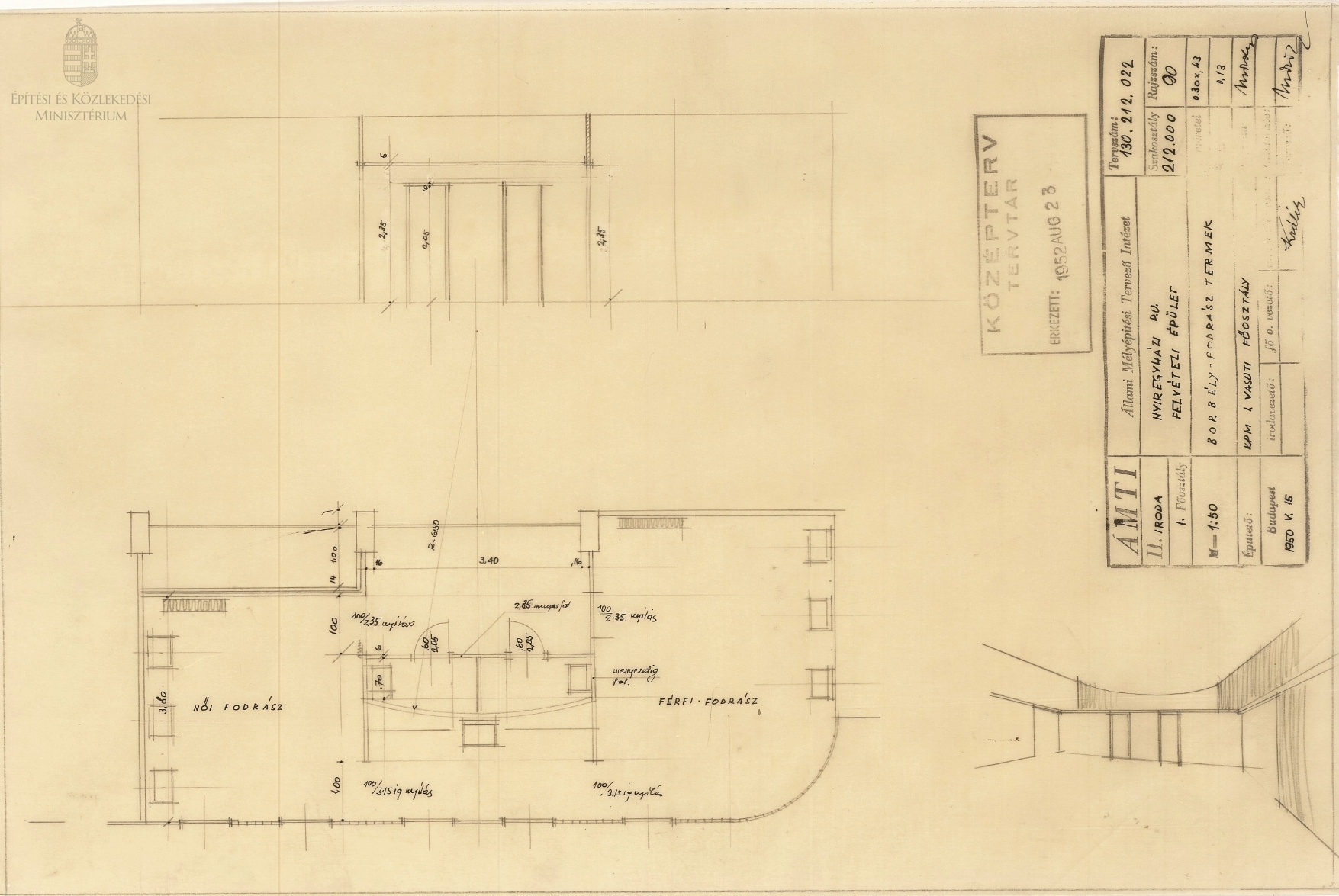 A nyíregyházi pályaudvar felvételi épületében kialakított férfi-női fodrászatok alaprajza, 1950. KÖZÉPTERV. 90. – Dokumentációs Központ/Tervtár/UVATERV gyűjtemény