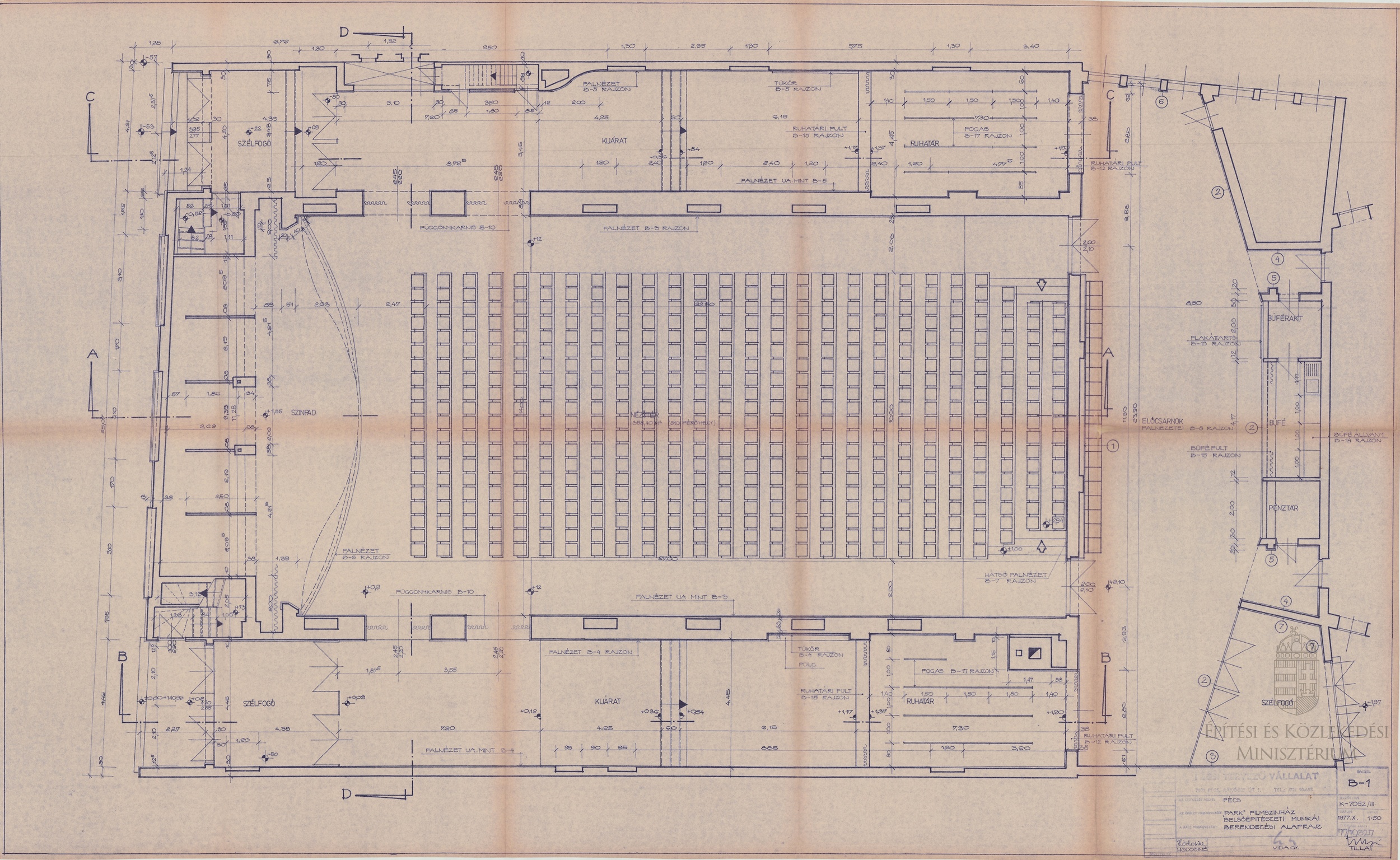 Pécs, Park Filmszínház belsőépítészeti kiviteli munkái. B-1, berendezési alaprajz. PÉCSITERV, 1977. – Dokumentációs Központ/Tervtár/PÉCSITERV gyűjtemény