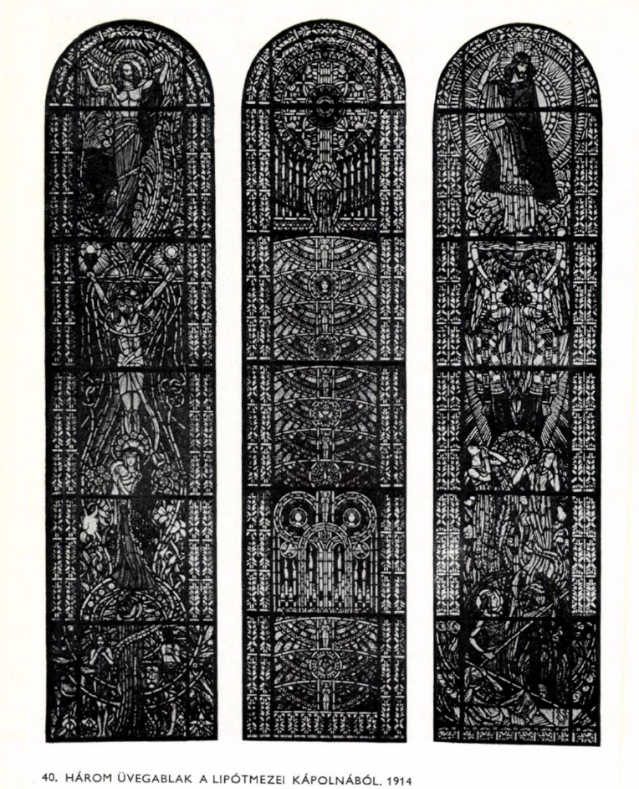 A háromféle üvegablak eredeti állapotában és 1970-ben – A Művészet Kiskönyvtára. Bp. 1978. és Dokumentációs Központ/Fotótár/VÁTI gyűjtemény