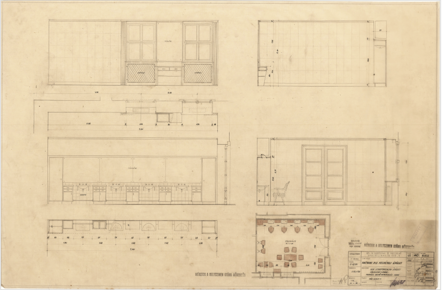 A hatvani pályaudvar utasforgalmi épületének földszintjén kialakított kozmetikai szalon belső berendezése, 1955. UVATERV. 143_I-II-IV. – Dokumentációs Központ/Tervtár/UVATERV gyűjtemény