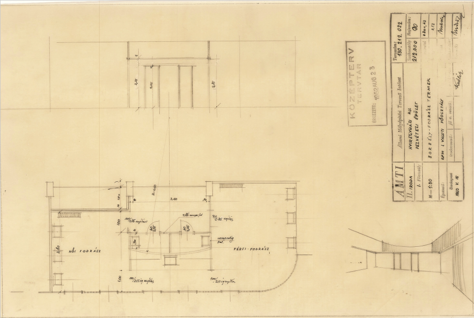 A nyíregyházi pályaudvar felvételi épületében kialakított férfi-női fodrászatok alaprajza, 1950. KÖZÉPTERV. 90. – Dokumentációs Központ/Tervtár/UVATERV gyűjtemény