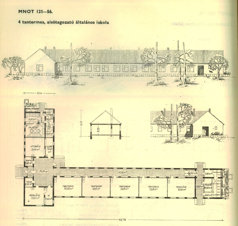 „D” jelű, egy tanterem és tanítólak, 4 tantermes, alsótagozatú általános iskola (MNOT 121-56.) – A Magyar Népköztársaság Országos Típusterveinek Katalógusa, 1958. – Dokumentációs Központ/Könyvtár